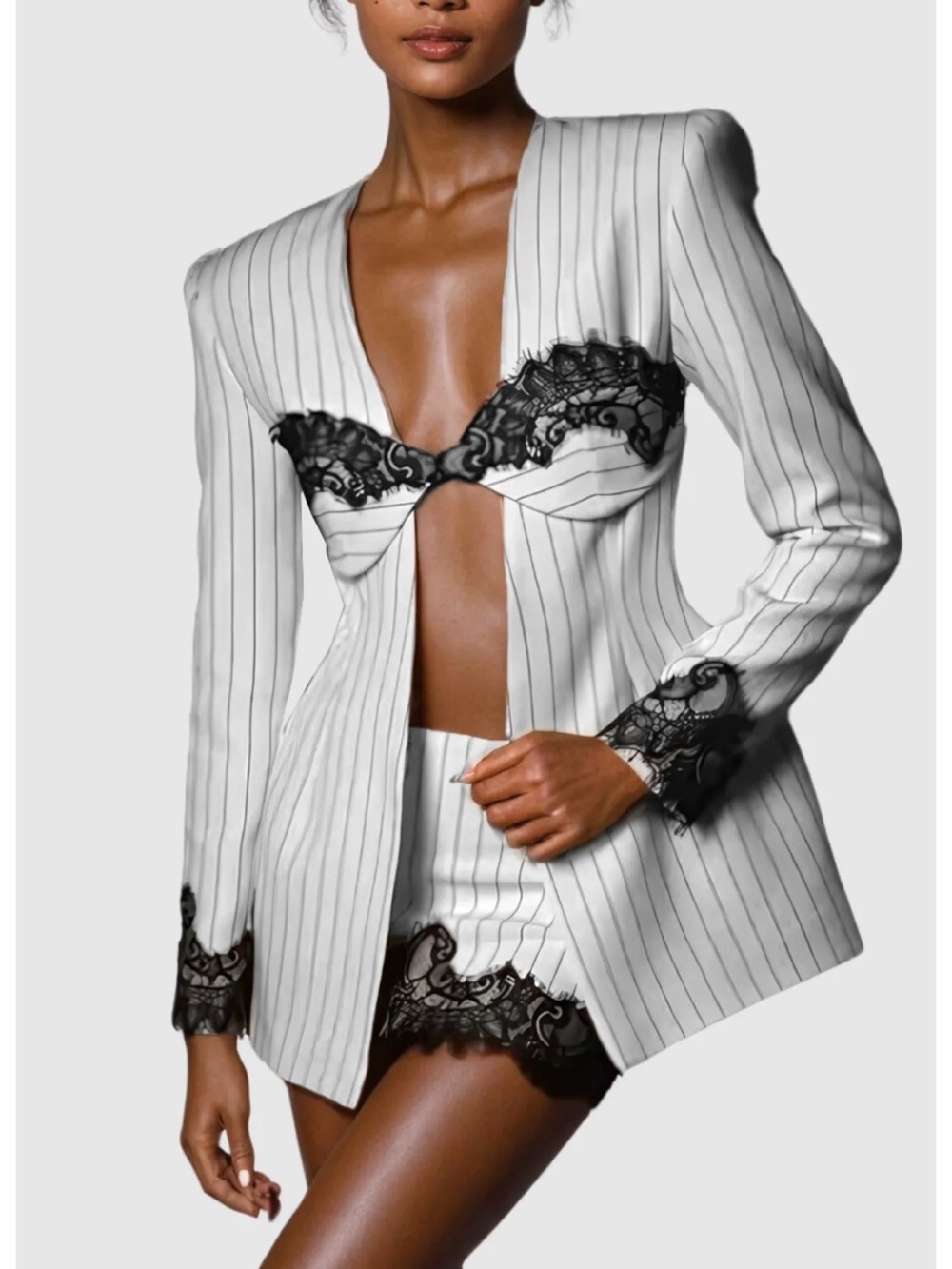 New! Lace-Trim Pinstripe Satin Bra & Skirt Set in White